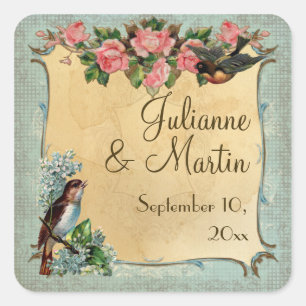 Floral Vintage Modern Pink Roses Love Birds Swirls Square Sticker
