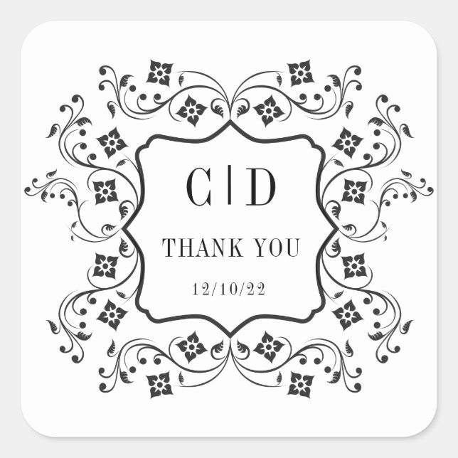 Floral Vintage Monogram Wedding Favour Square Sticker (Front)