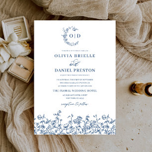 Floral Vintage Navy Blue Monogram Wedding Invitation