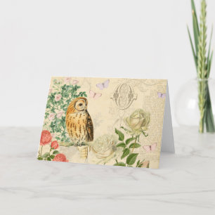 Floral vintage owl greeting card with roses