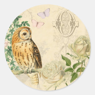 Floral vintage owl stickers with beautiful roses