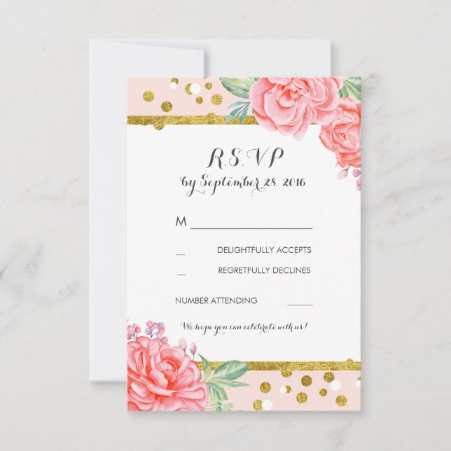 floral vintage pink gold stripes wedding rsvp (Front)