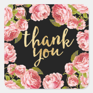 Floral Vintage Pink Roses Custom Thank You Square Sticker