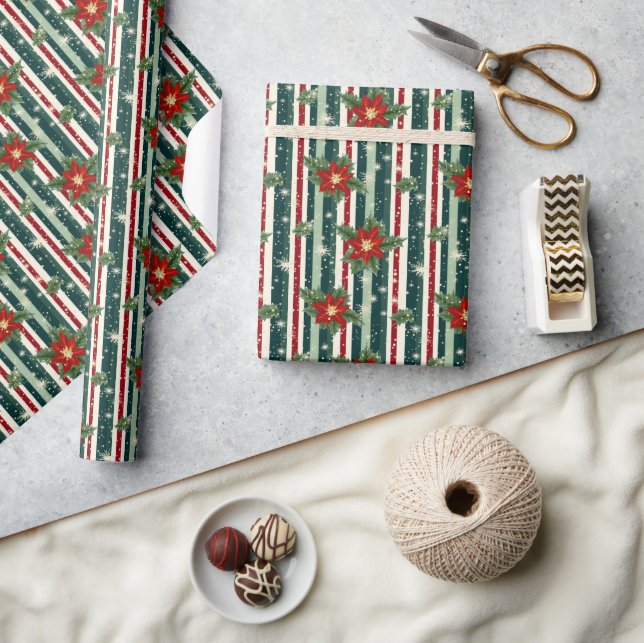 Floral Vintage Poinsettia Christmas Striped  Wrapping Paper (Crafts)