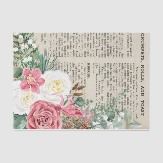 Floral Vintage Recipe decoupage Tissue Paper (Front)