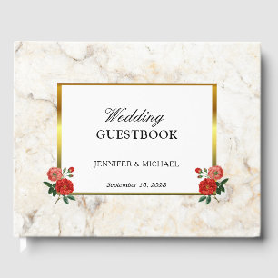Floral vintage red roses white marble Wedding Guest Book