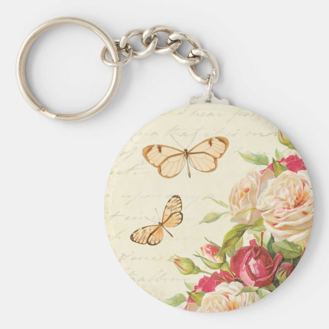 Floral vintage roses & butterflies keychain (Front)
