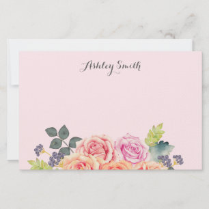 Floral Vintage Roses Light Pink Script Name Stationery