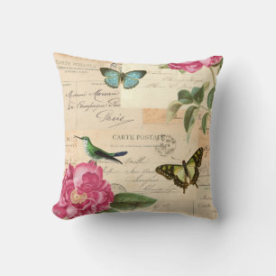 Floral vintage rustic rose flowers & butterflies cushion