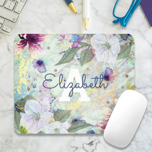 Floral vintage seafoam green watercolor monogram mouse mat