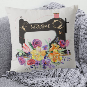 Floral Vintage Sewing Machine Monogram  Cushion