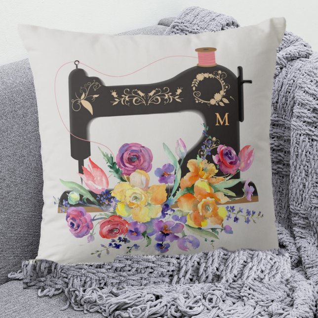 Floral Vintage Sewing Machine Monogram  Cushion (Creator Uploaded)