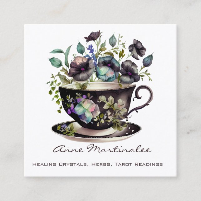  Floral Vintage Teacup Pansy Square Business Card (Front)