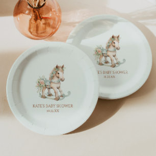 Floral Vintage Toy Rocking Horse Baby Shower Paper Plate