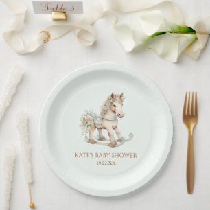 Floral Vintage Toy Rocking Horse Baby Shower Paper Plate