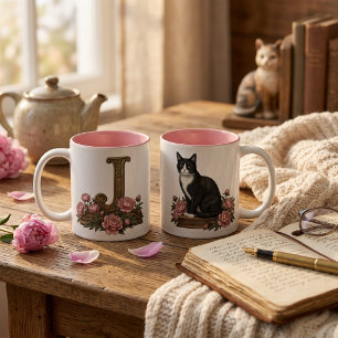 Floral Vintage Tuxedo Cat Monogram Mug