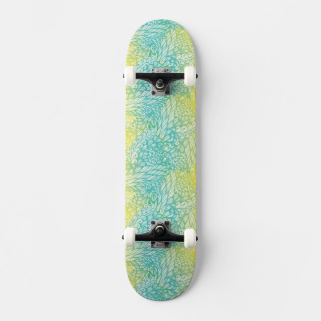 Floral Vintage Yellow And Blue Gradient Skateboard (Front)