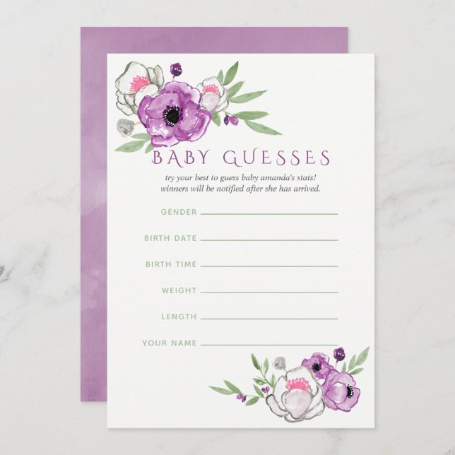 Floral Violet and Sage Baby Shower Baby Guesses Invitation (Front/Back)