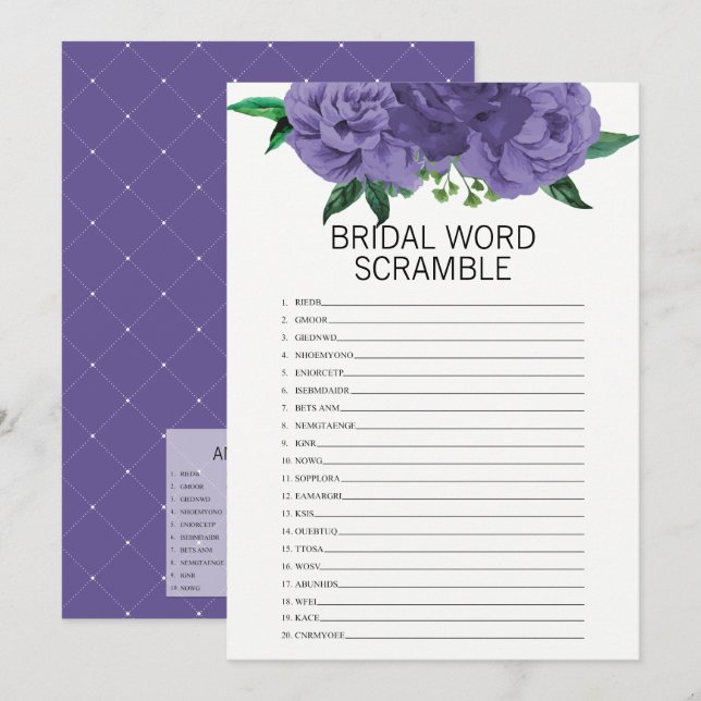 Floral Violet Bridal Shower Word Scramble Game Invitation (Front/Back)