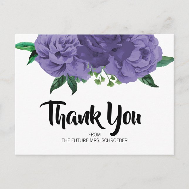 Floral Violet Purple Bridal Shower Thank You Card (Front)