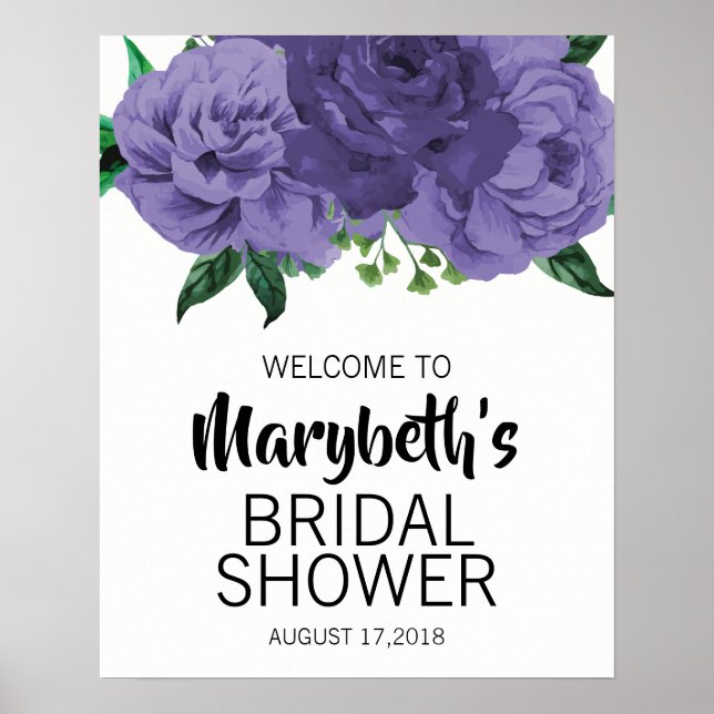 Floral Violet Purple Bridal Shower Welcome Sign (Front)