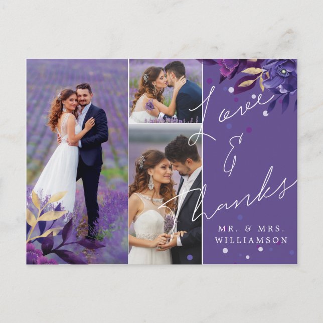 Floral Violet Wedding Thank You Photo Postcard (Front)
