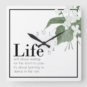 Floral Violets White on White Life Quote Square Wall Clock