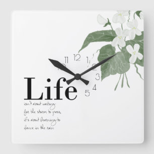 Floral Violets White on White Life Quote Square Wall Clock