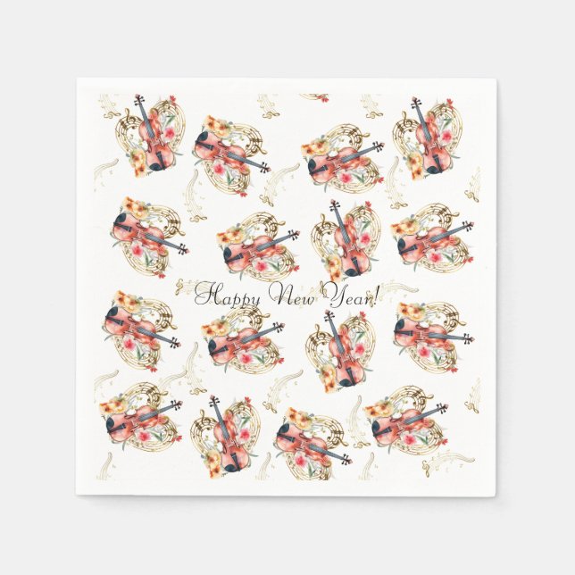 Floral Violins Gold Music Notes Christmas Holiday  Napkin (Front)