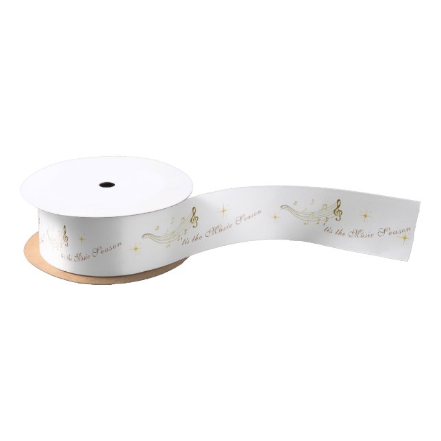 Floral Violins Gold Music Notes Christmas Holiday Satin Ribbon (Spool)