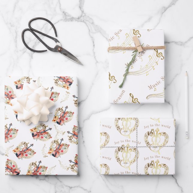 Floral Violins Gold Music Notes Christmas Holiday Wrapping Paper Sheet (Front)