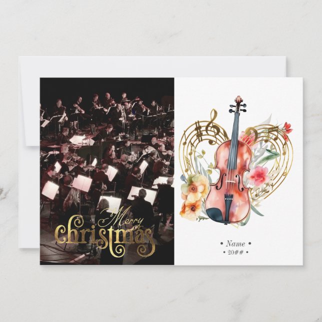 Floral Violins Music Christmas Photo Holiday Card (Front)
