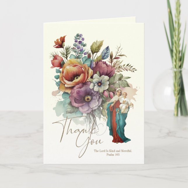 Floral Virgin Mary Condolence Funeral Thank you Card (Front)