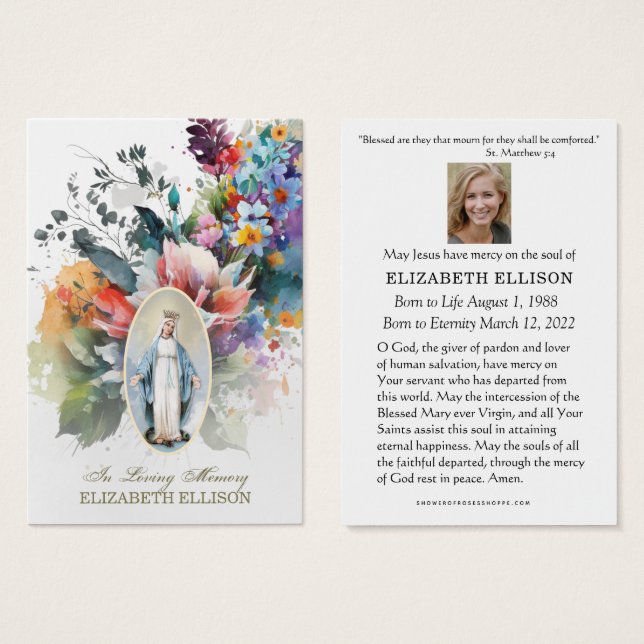 Floral Virgin Mary Fatima Funeral Prayer Card (Front & Back)