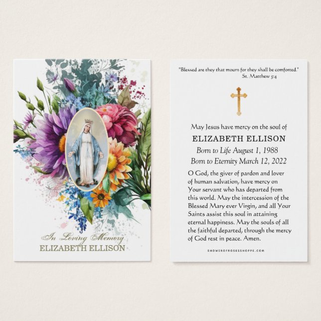 Floral Virgin Mary Floral Funeral Prayer Card (Front & Back)