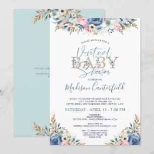 Floral Virtual Baby Shower Navy Blue Teal Gold Invitation