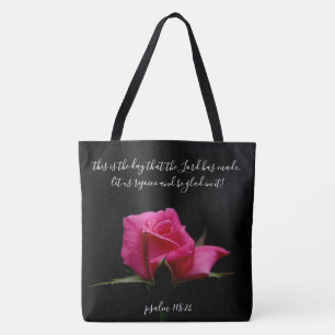Floral w/ Verse; red rose blossom, Psalm 118:24 Tote Bag