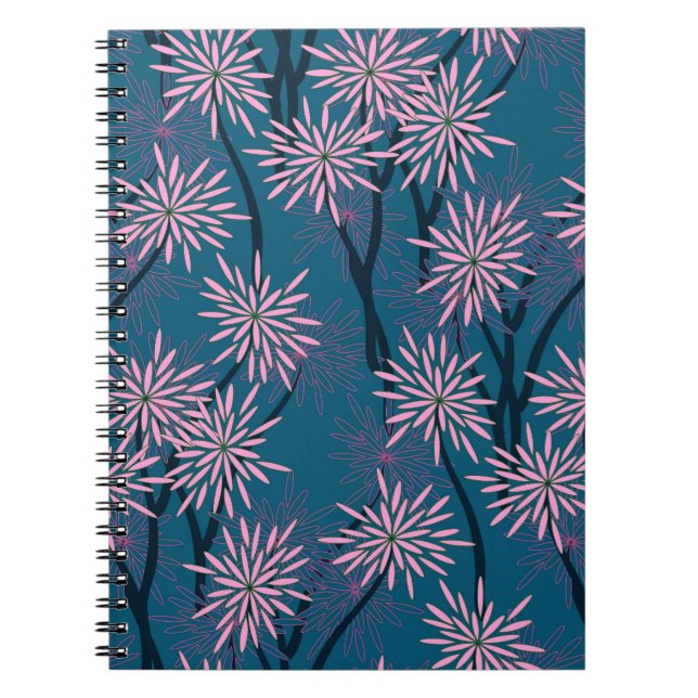 Floral wallpaper: Asian navy blue, pink. Notebook (Front)