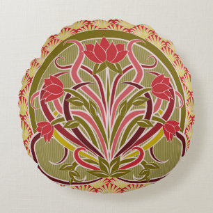 Floral wallpaper in art nouveau style, vintage ill round cushion