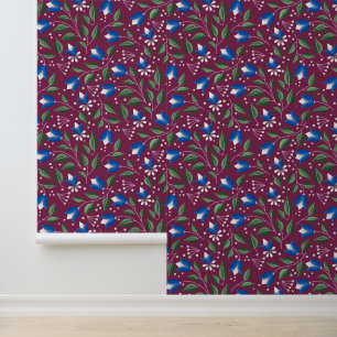 Floral Wallpaper in Burgundy and Deep Blue