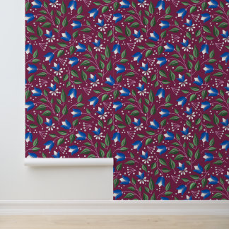Floral Wallpaper in Burgundy and Deep Blue