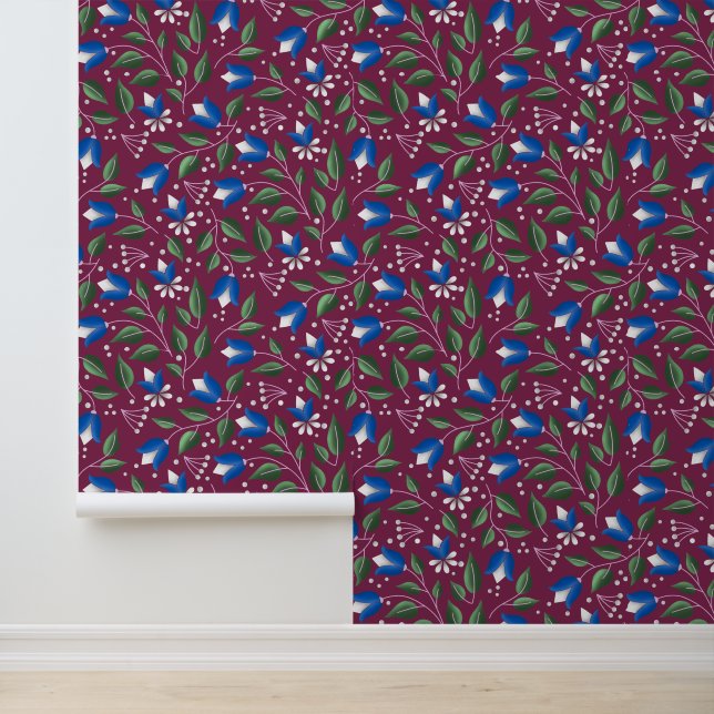Floral Wallpaper in Burgundy and Deep Blue (Application)