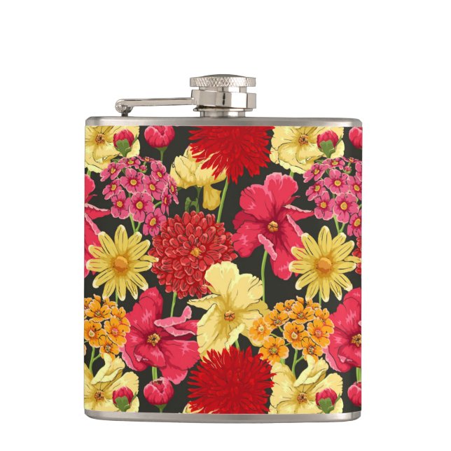 Floral wallpaper in watercolor style hip flask (Front)