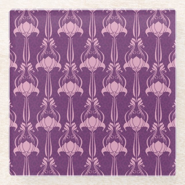 Floral Wallpaper Pink Violet Design Glass Coaster (Front)