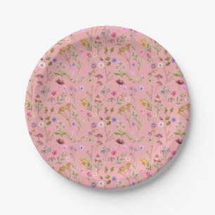 floral water color pattern- pink, purple, green- paper plate