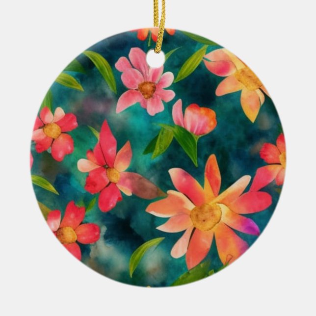 Floral Water Colour Pattern Design Ceramic Tree Decoration (Front)