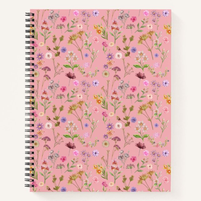 floral water colour pattern- pink, purple, green- notebook (Front)