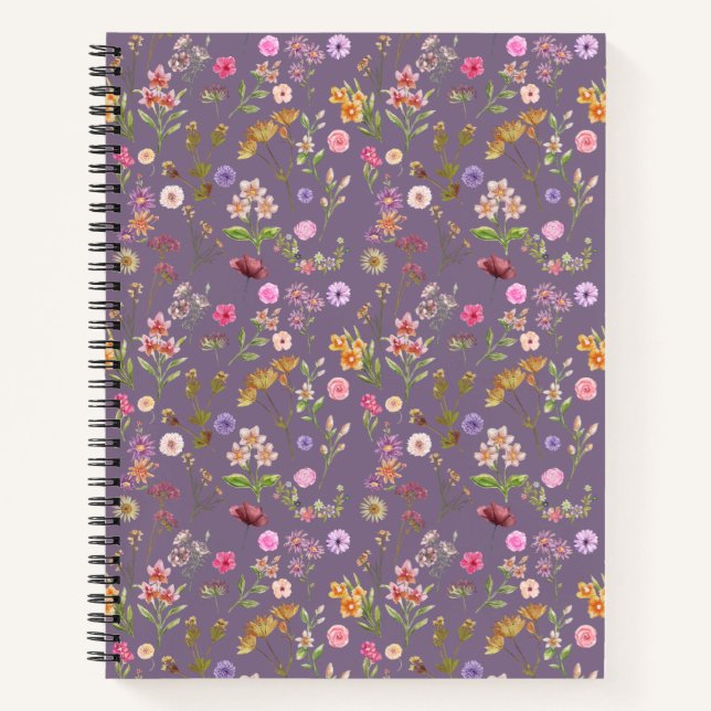 floral water colour pattern- pink, purple, green- notebook (Front)