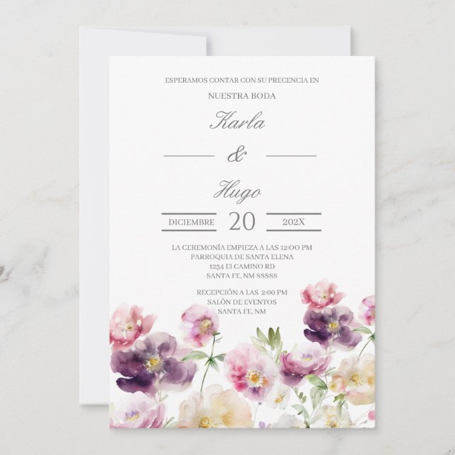 Floral water coloured Spanish Wedding Invitation (Front)