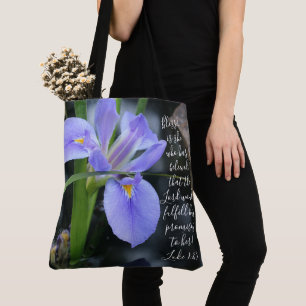 Floral (water iris) w/ verse from Luke 1:45 Tote Bag